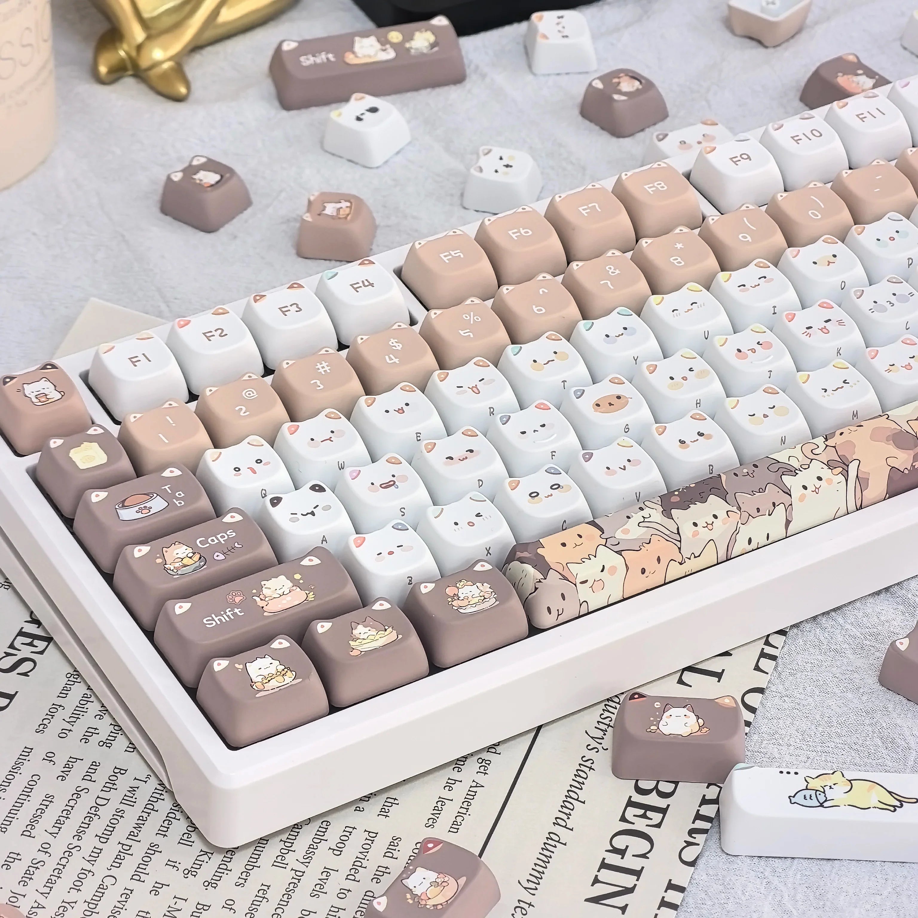 Cute Meow Keycaps Cat Head MAO Profile PBT Square Key Cap Thermal Sublimation Mechanical Keyboard Keycap Cat Set For Girls Gift