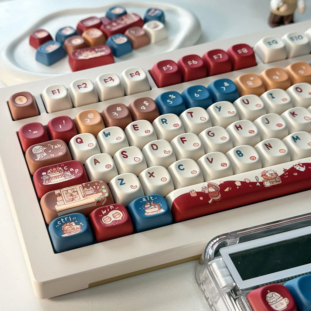Meow Chef Keycap Set PBT Sublimation Cat Kitchen Cute Keycaps 131 Keys MOA Profile Red Blue Key Caps for DIY Mechanical Keyboard