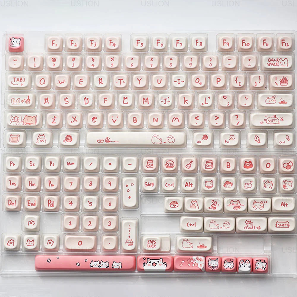 USLION 139Keys Keycaps Pink Meow Cat Theme MOA Profile PBT Kep Caps for 61/64/68/84/75/87/96/104 Keys Gaming Mechanical Keyborad