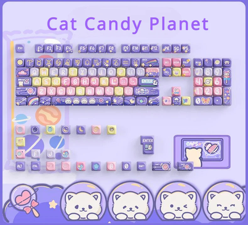 Cat Candy Planet Keycap Pbt Material SOA Height Full Five-Sided Sublimation Process Round And Cute Diy Purple Rainbow Keycaps