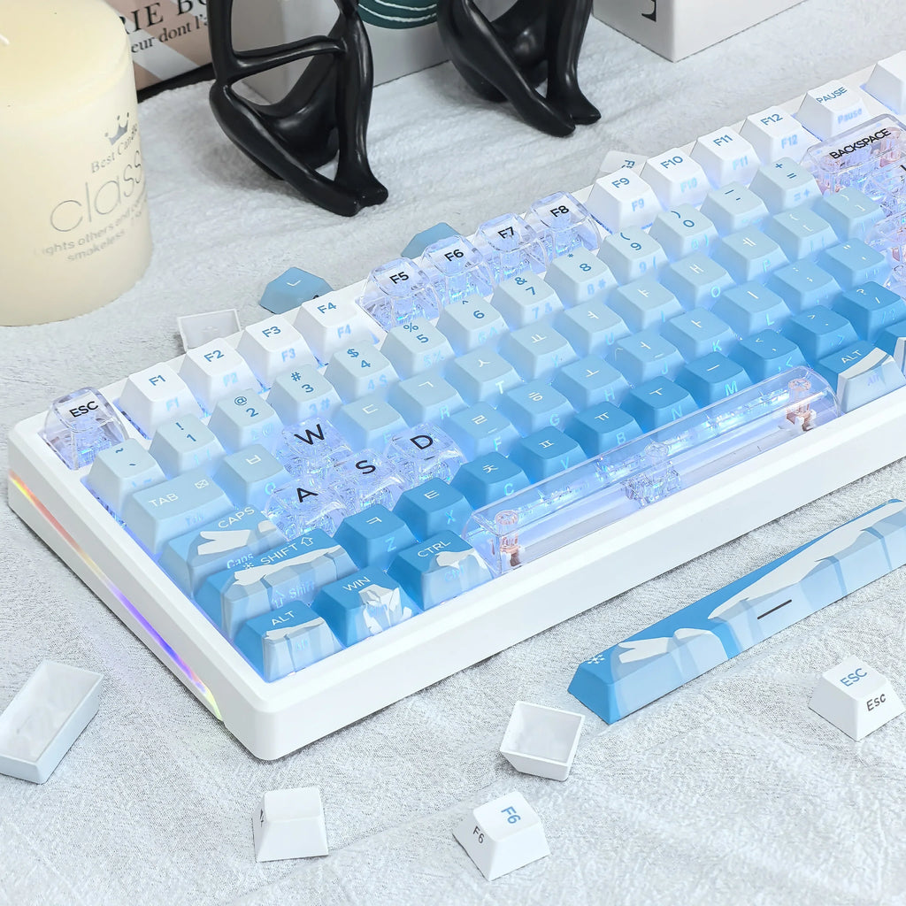 Korean Glacier Side-Engraved Translucent Keycaps OEM PBT Sublimation 122-Key DIY Fresh Gradient Blue White KR/korean Keycaps