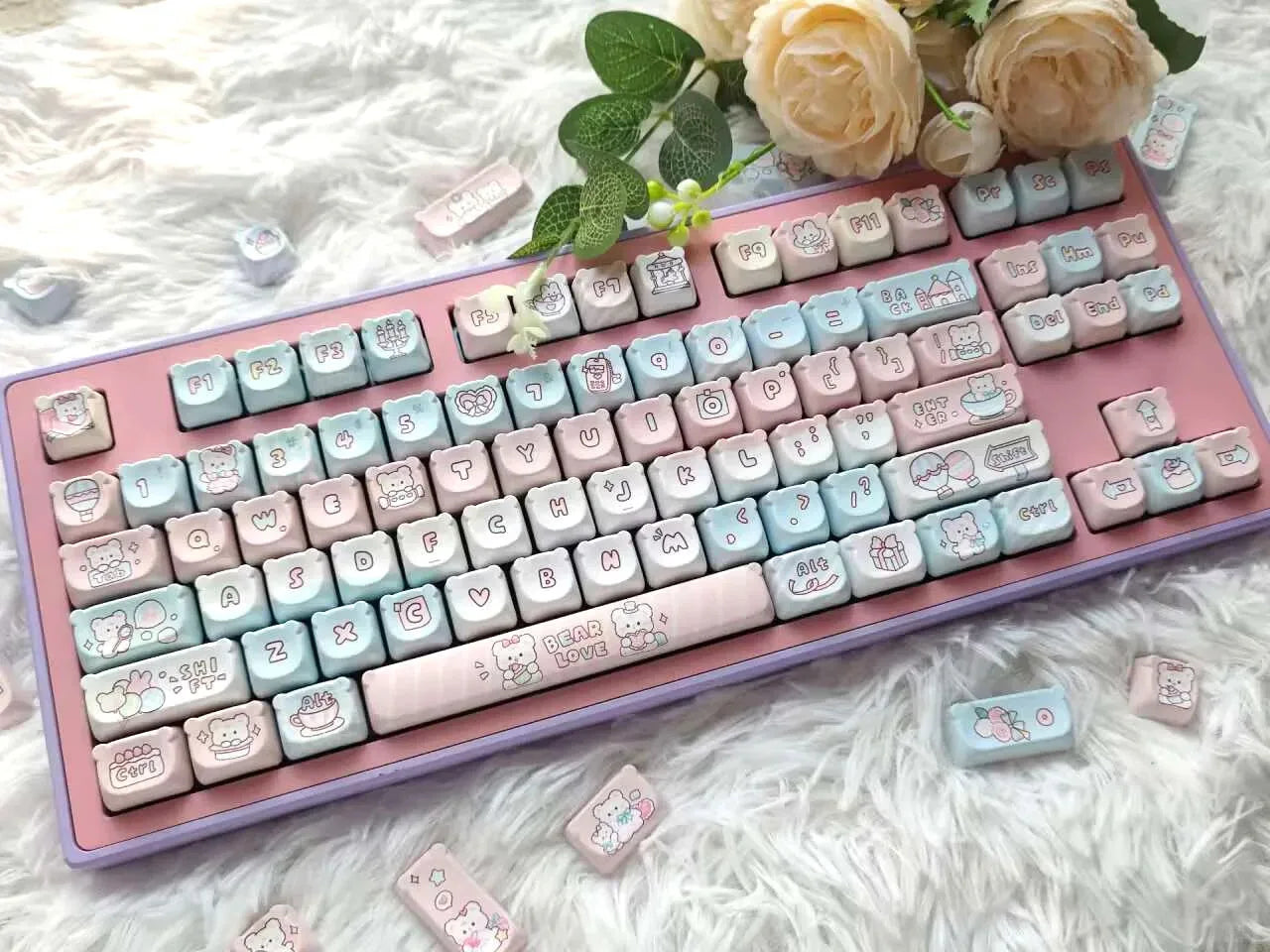 Cute Kawaii Bear Keycap EAO Pink Purple Expression Pbt For Diy Mechanical Keyboard Side Engraved Iso/Ansi Layout Cute Cat Keycap