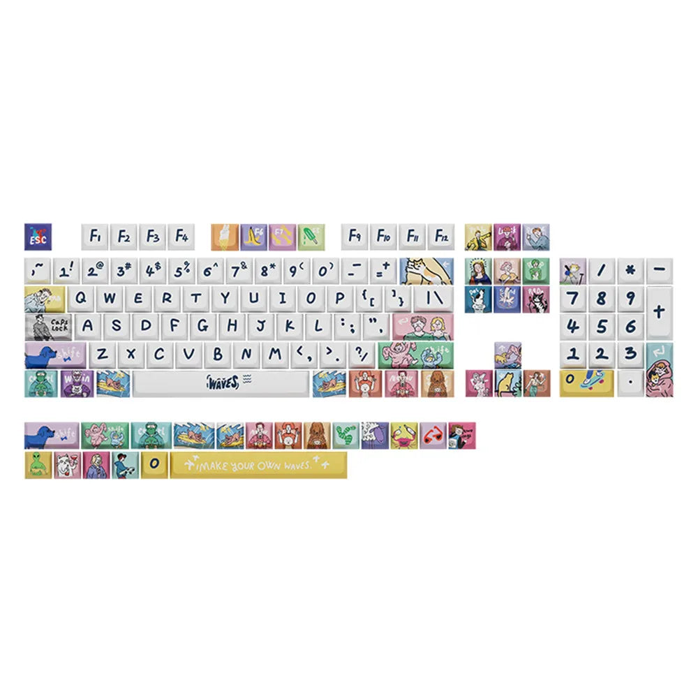 Kjeow Sea Wave Theme Keycaps PBT HM XDA Profile Cartoon Surfer 123 Keys Dye-Sublimation for Custom Mechanical Gaming Keyboard