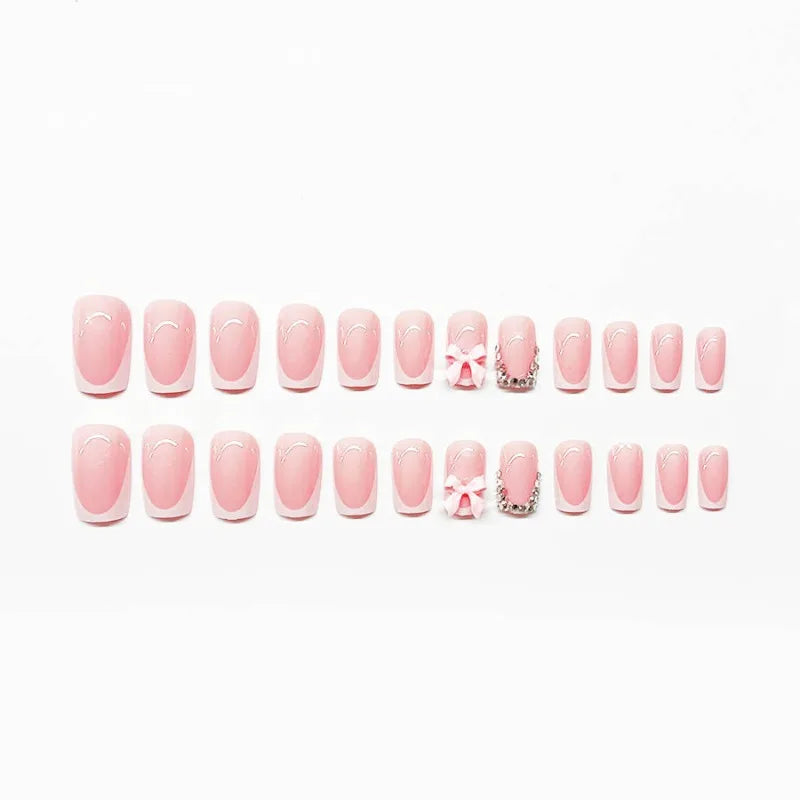 24pc Short Square Fake Nails with Kawaii 3D Pearl Bow Press on Hello Kitty False Nail French Tips Full Cover Acrylic Cute Nails