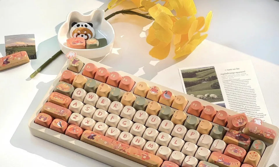 MiFuny Forest Cute Raccoon Mechanical Keycaps MAO Height with Slope 5 Side Heat Sublimation 111 Keys Accessories Not Keyboards