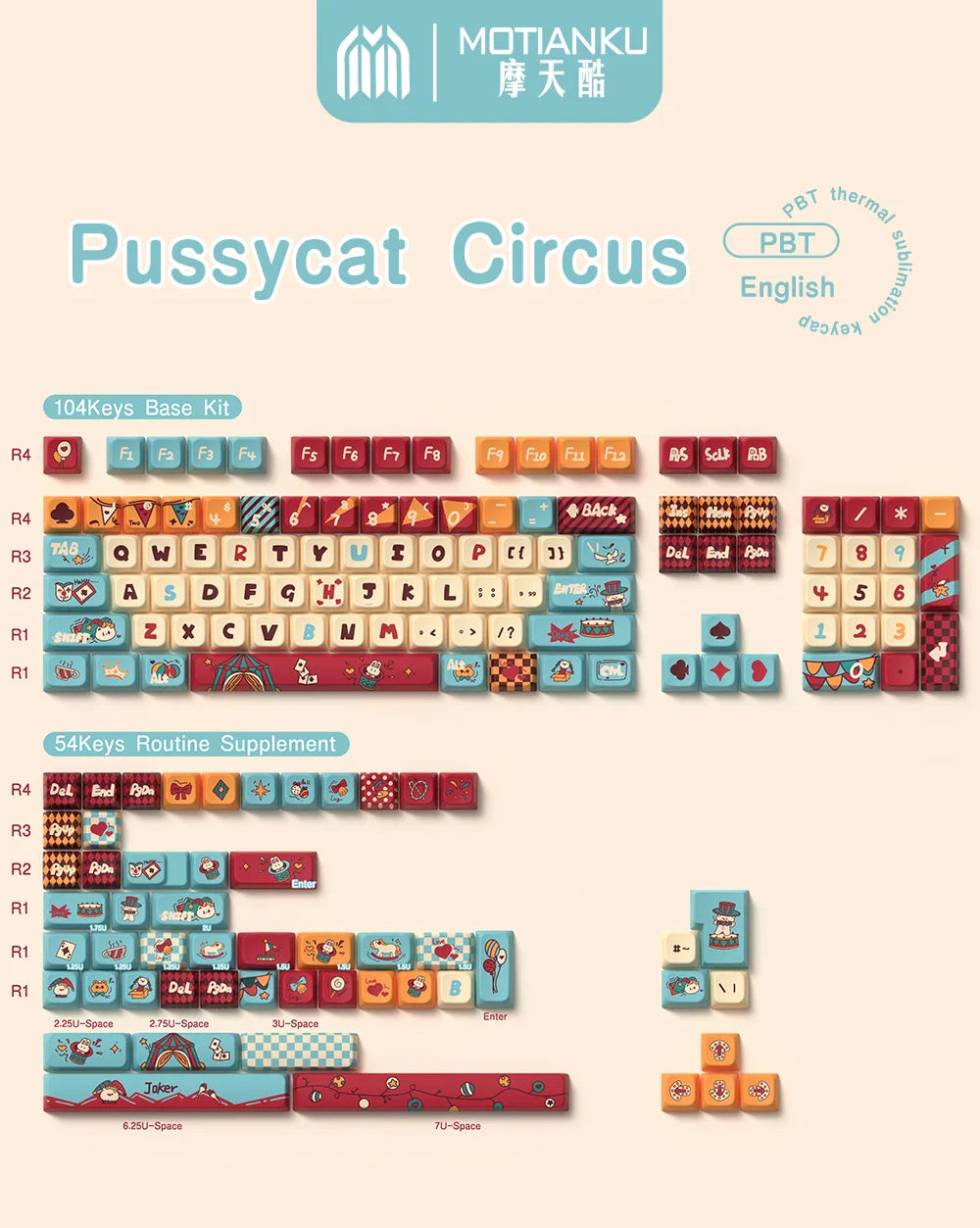 Cat circus troup Theme Keycaps MDA Profile Personalized Keycap For Mechanical Keyboard with 7U and ISO key cap