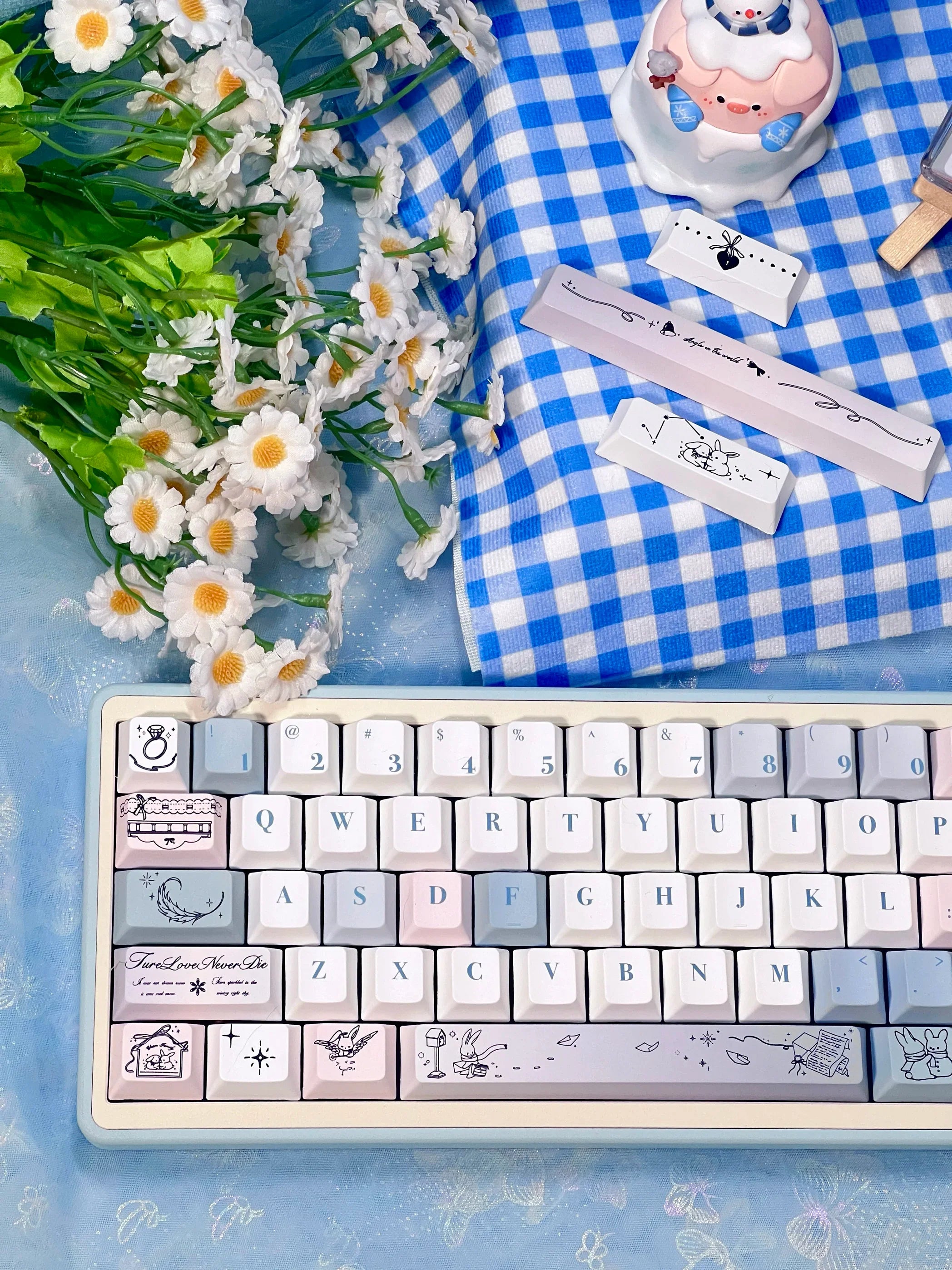 Gentle Snow Keycap Cherry Five-Sided Thermal Sublimation Process Pbt Material Blue White Cute Snowflake Small Full Set Of Keycap