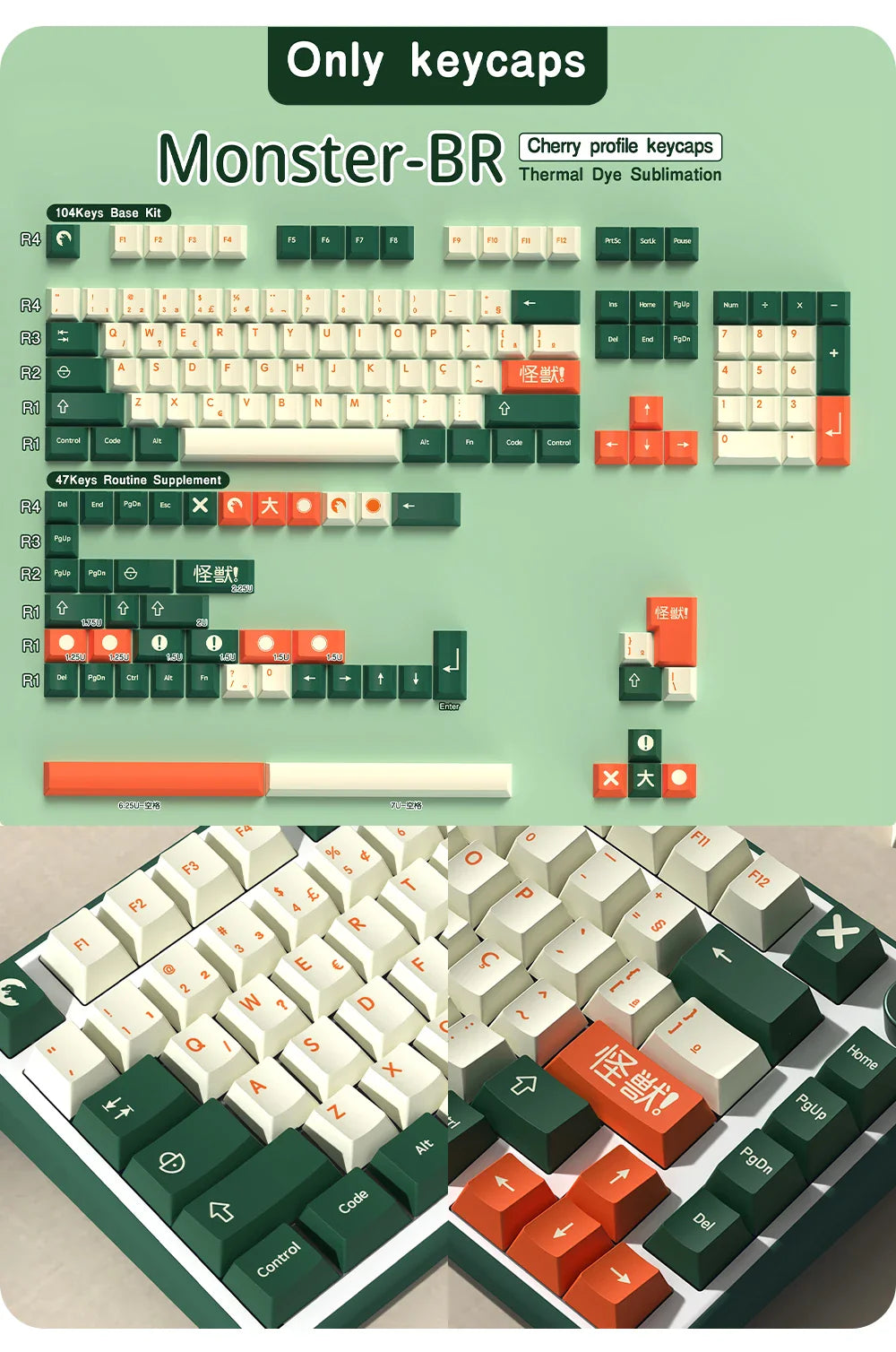 Abnt2 Keycaps Cherry Profile PBT Dye-Sub BR Keycaps Monster Red Samurai Blue Samurai For Mechanical Keyboard 7U Space bar