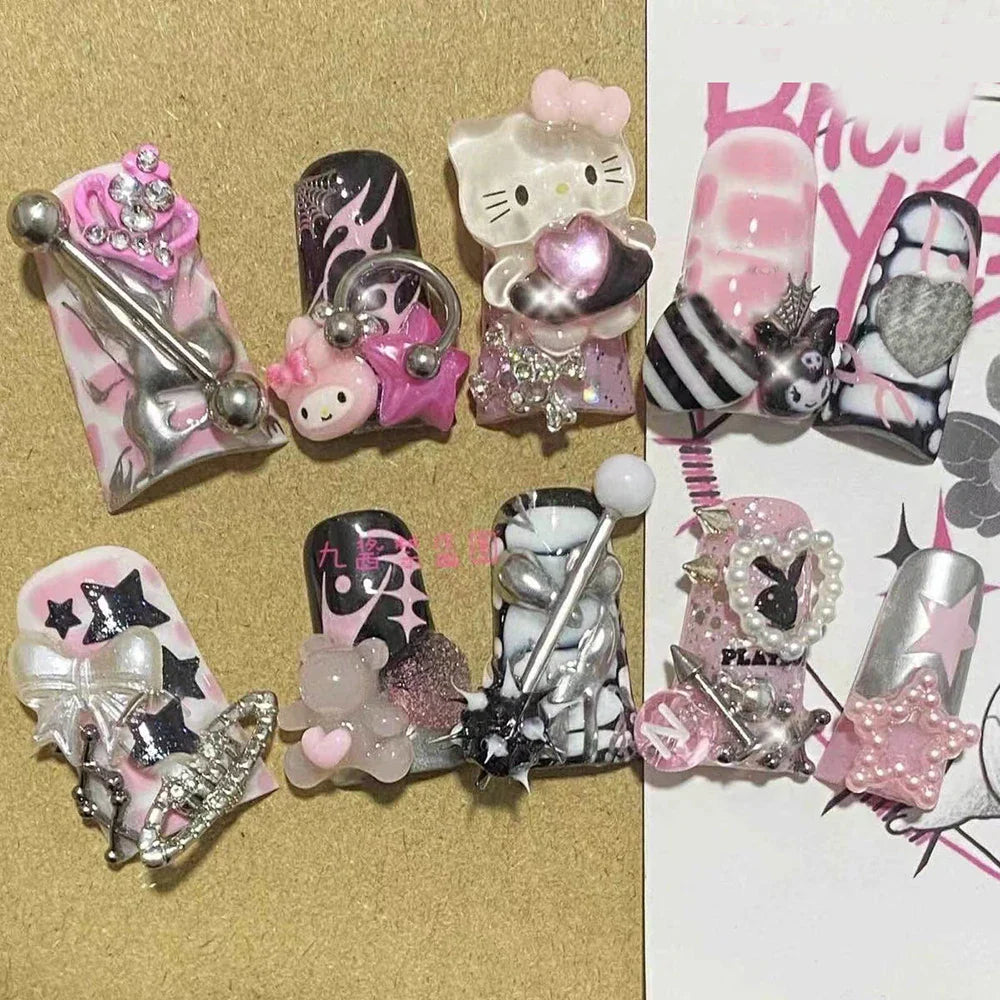 Sanrio Hello Kitty Y2K Nail Cartoon Punk Long Square Handmade Fake Nails Leopard Print Five-Pointed Star Diamond Detachable Nail
