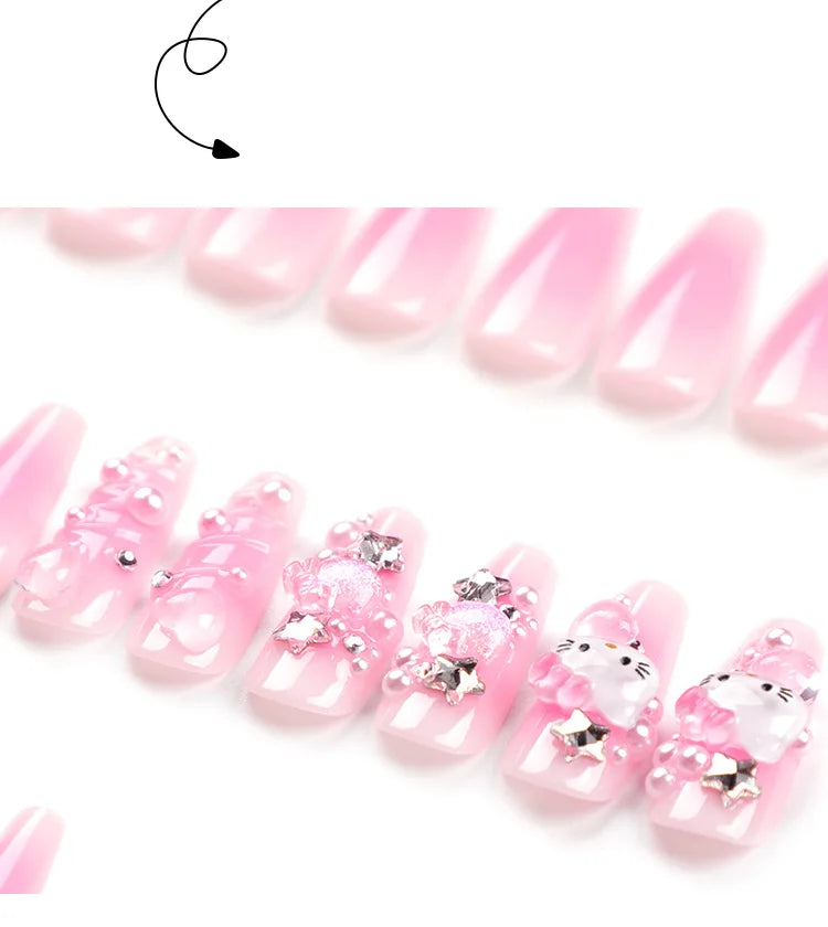 HelloKitty Press on False Nail Sanrio Accessories Y2k Kawaii Cartoon Design Fake Nails Long Detachable Manicure Girls Gift