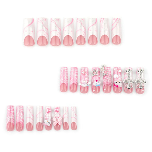24pcs Light Pink Bowknots Press On Nails Y2k French Style Long Coffin False Nails With Cute Cartoon Metal Star Press On Nail