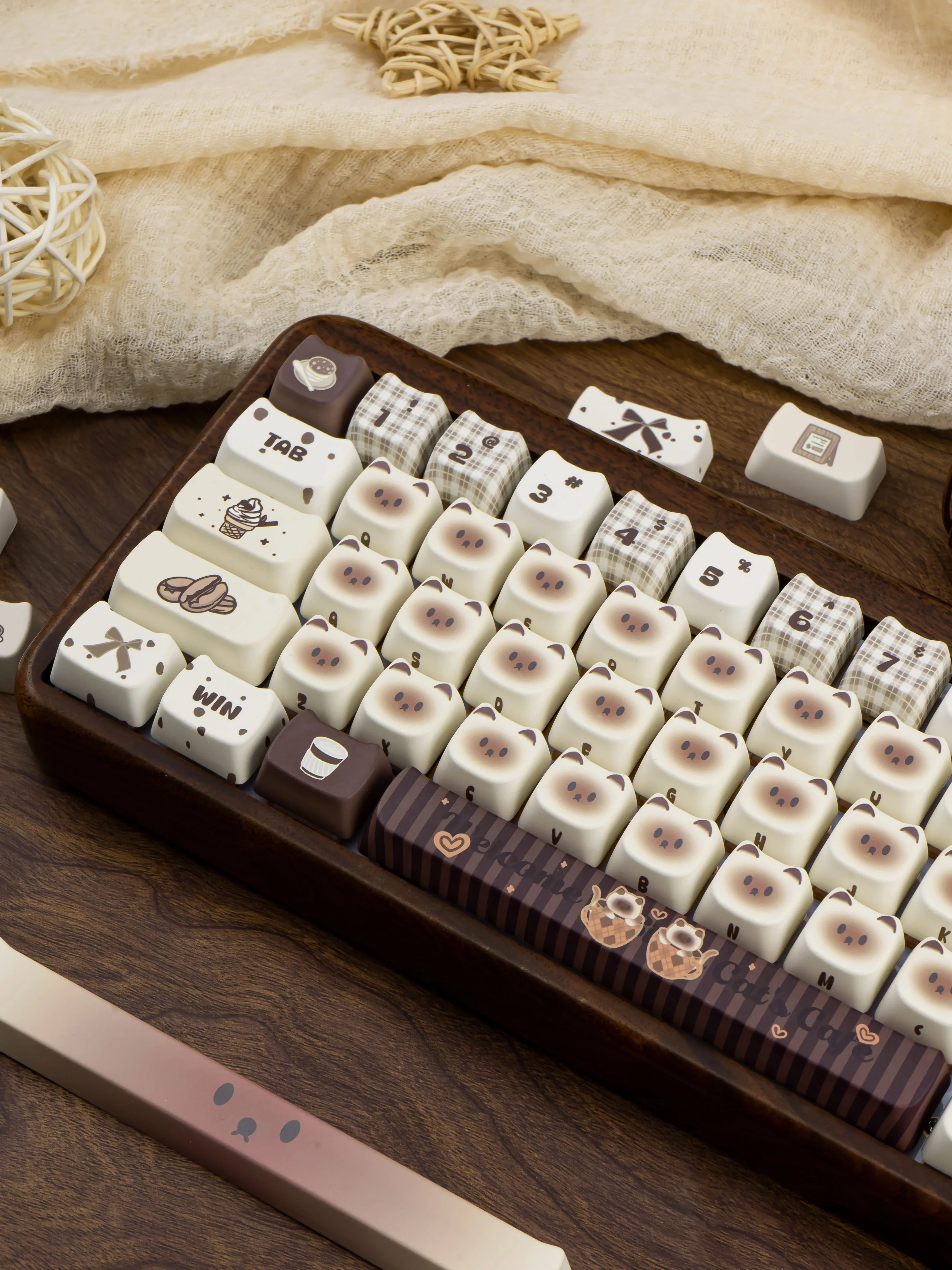 Siamese Cat Keycap Cute Mao Cherry Pbt Cafe Cat Head Cat Ears White Coffee Color 146/133Keys 2.25/2.75U Alice Layout Keycaps