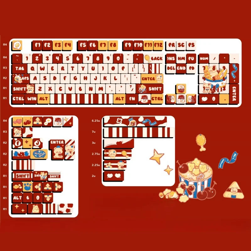 Gourmet Bear Theme Keycaps 125/141 Key Moa Height Five Sided Heat Sublimation Red Cartoon Story Mechanical Keyboard Keycaps