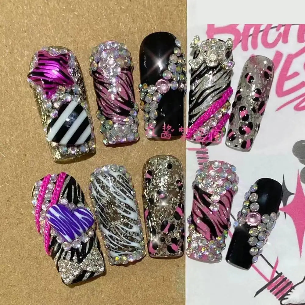 Sanrio Hello Kitty Y2K Nail Cartoon Punk Long Square Handmade Fake Nails Leopard Print Five-Pointed Star Diamond Detachable Nail