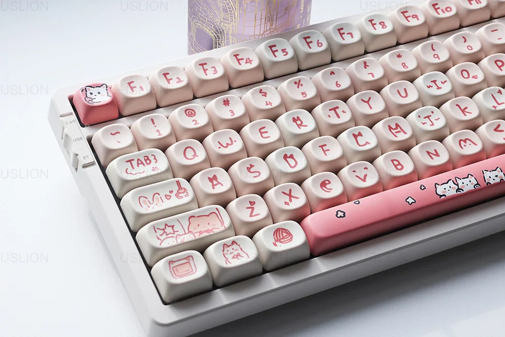 USLION 139Keys Keycaps Pink Meow Cat Theme MOA Profile PBT Kep Caps for 61/64/68/84/75/87/96/104 Keys Gaming Mechanical Keyborad