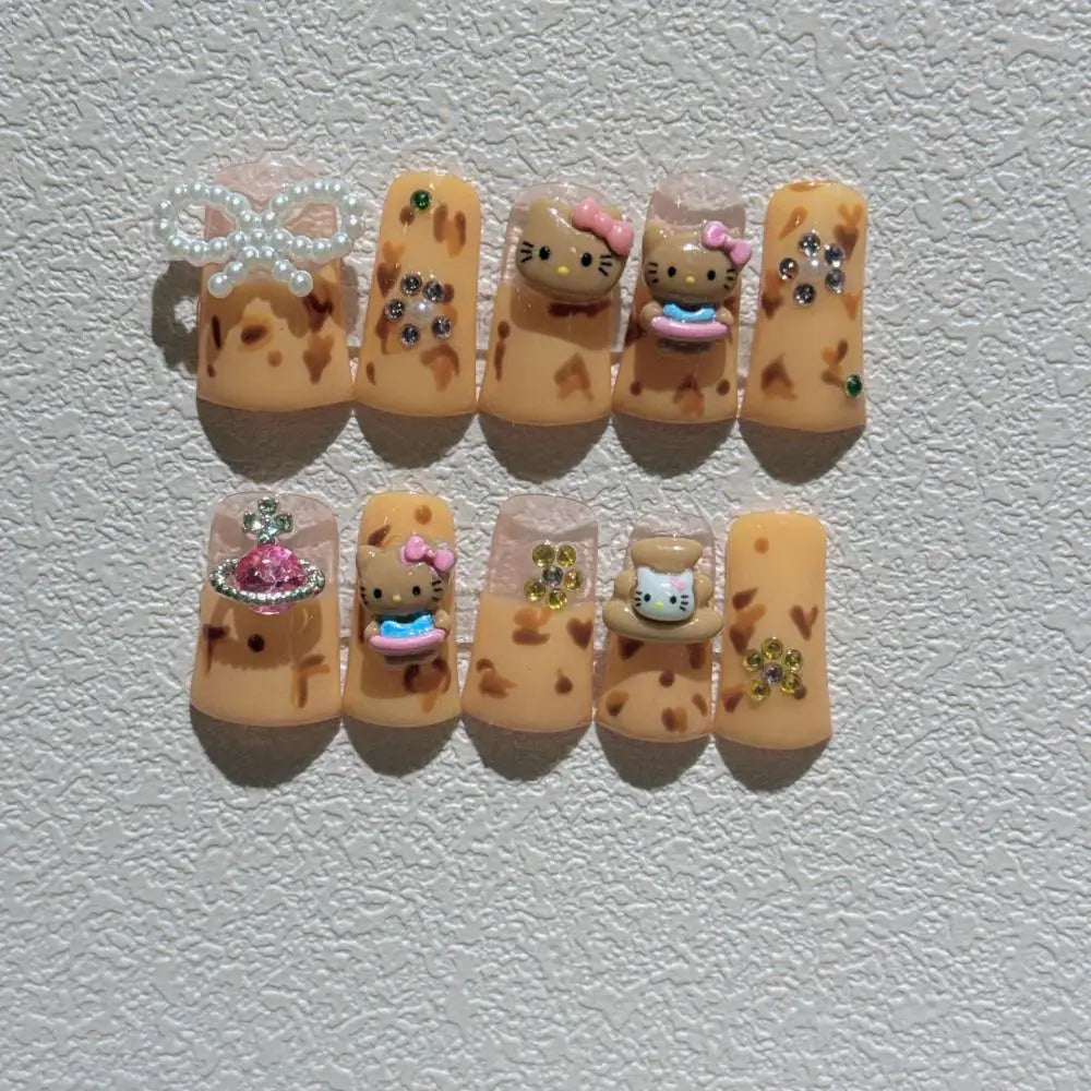 10Pcs Cute 3D Hello Kitty Kuromi Cartoon Handmade Nail Art Fashion Bow Luxury Diamond Detachable Full Cover Nails Holiday Gift
