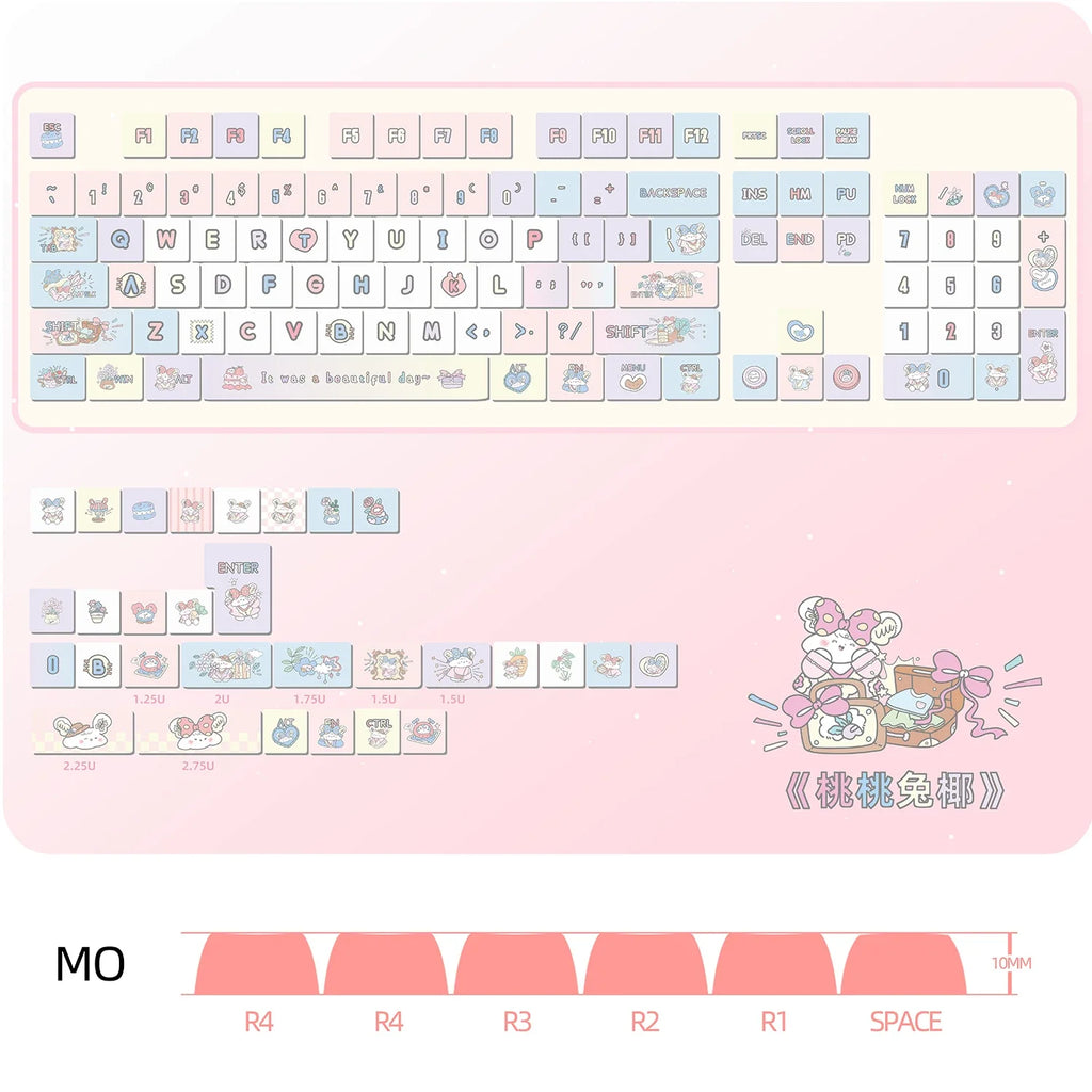 Peach Rabbit Theme Keycap PBT Thermal Sublimation Blue Pink Gradient Ball Cap 131Keys Cute Bunny Mechanical Keyboard Keycaps