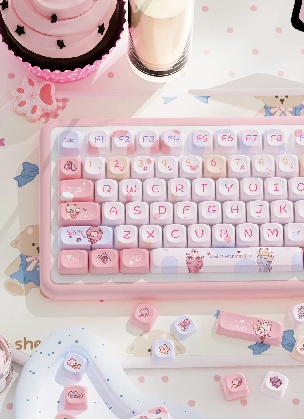 Sweet Cotton Candy Themed Keycaps 112/120key Mca Profile Pbt Thermal Sublimation Mechanical Keyboard Cartoon Pink Anime Keycaps