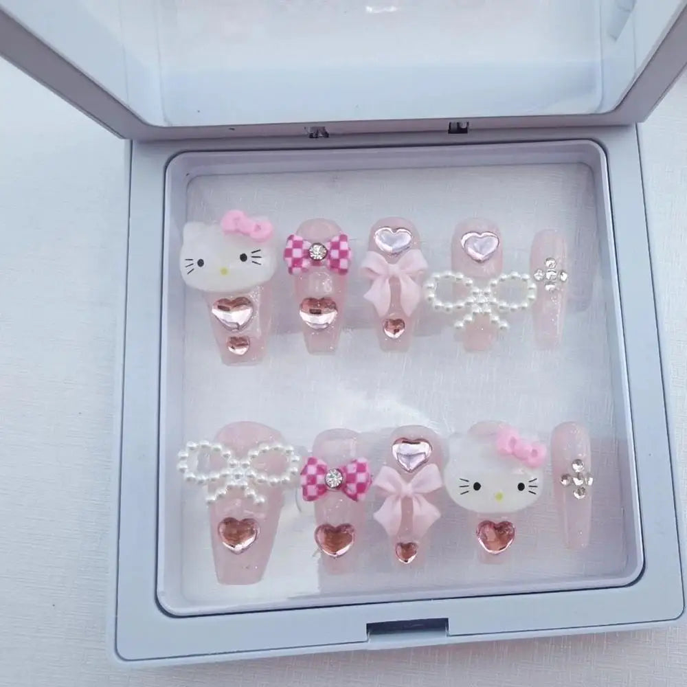 Cute Handmade Long Coffin Shape Fake Nail Kawaii Sanrio Hello Kitty Cinnamoroll Kuromi My Melody Detachable Nail Holiday Gift