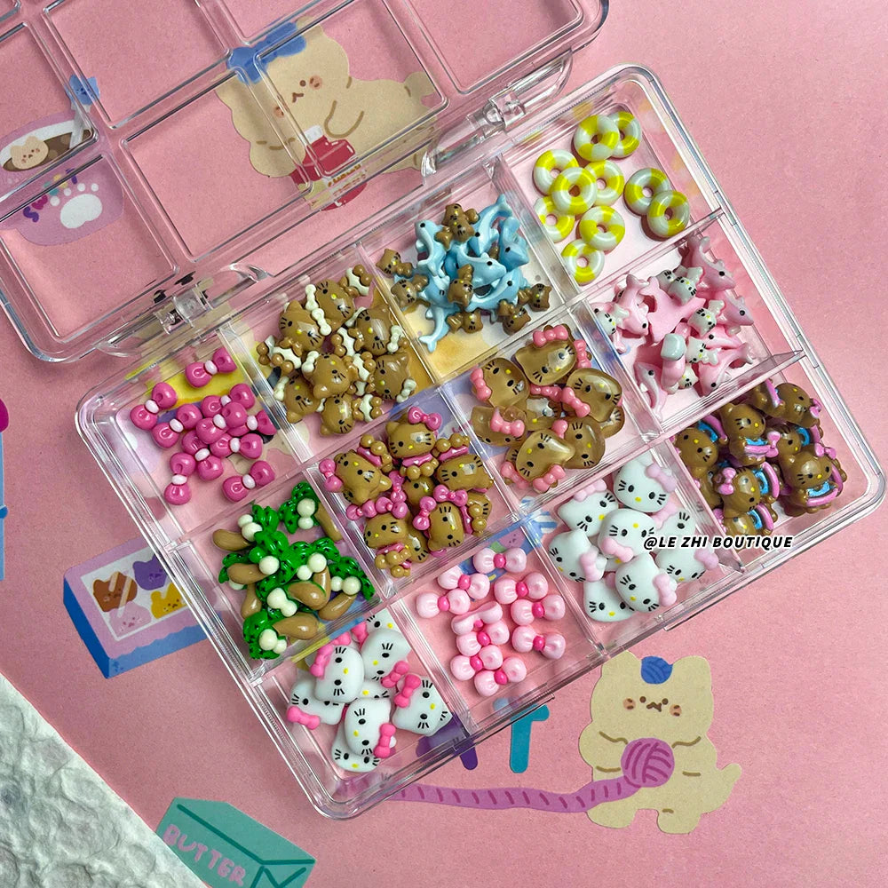 Boxed 120Pcs Kawaii Black Skin Sanrio Hello Kitty Nails Art Charms Accessories 3D Beach Bow Dolphin Resin Nails Decor Promotion