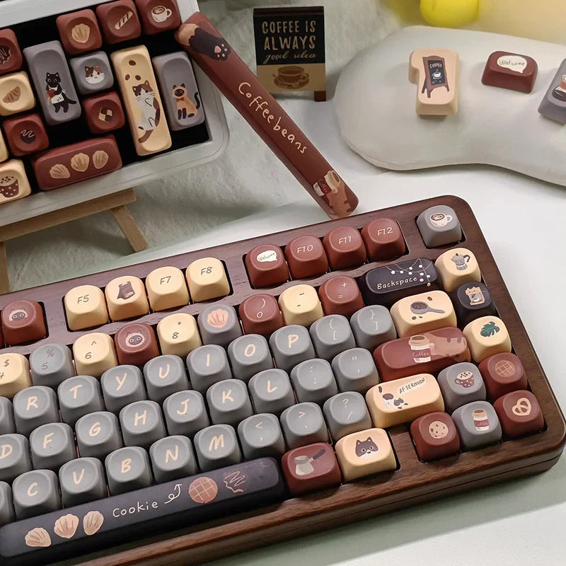 Cute Musk Cat Cafe Theme Keycaps Set PBT Cherry Profile MOA Custom Original Handmade Keycaps for Mechanical Keyboard Accessories