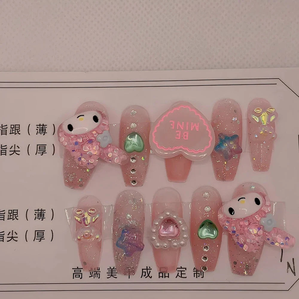 Cute Handmade Long Coffin Shape Fake Nail Kawaii Sanrio Hello Kitty Cinnamoroll Kuromi My Melody Detachable Nail Holiday Gift