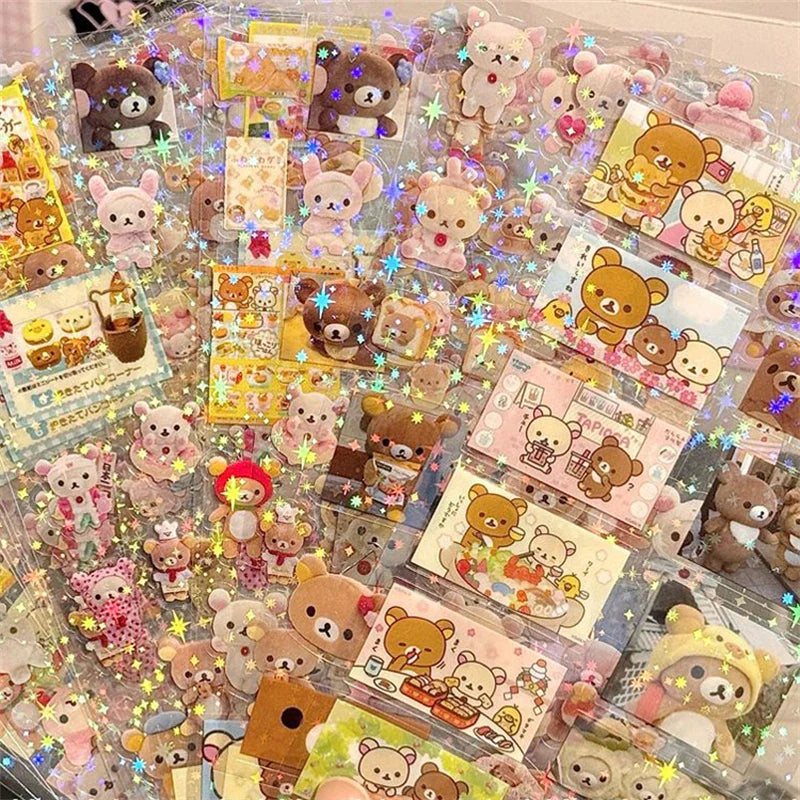 5pcs Hello Kitty Rilakkuma Cute Cartoon Die-cutting Sticker Kitty Cat Anime Handbooks Material Stickers Flashing Laser Stickers