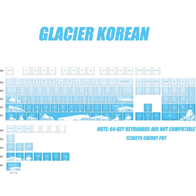 Korean Glacier Side-Engraved Translucent Keycaps OEM PBT Sublimation 122-Key DIY Fresh Gradient Blue White KR/korean Keycaps