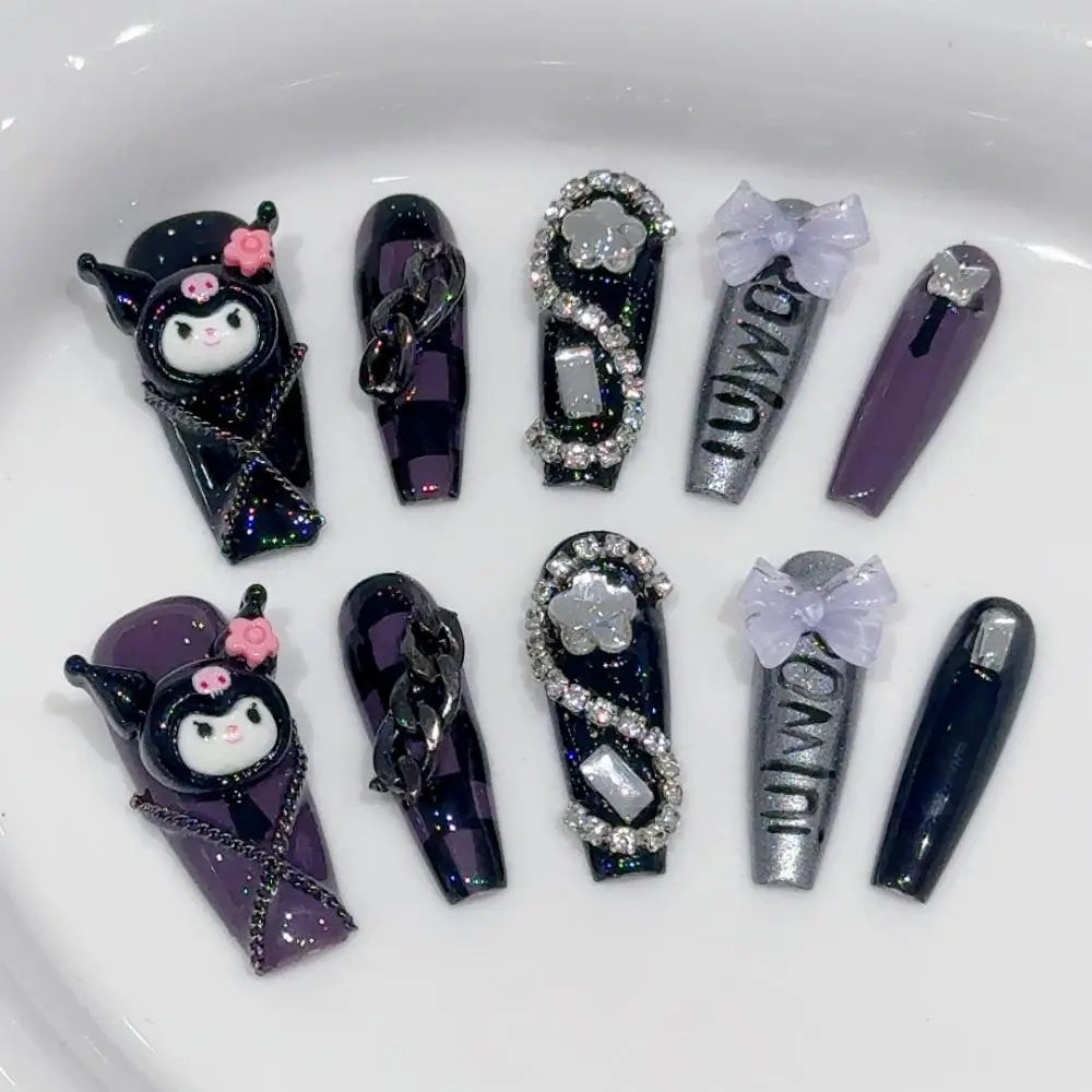 10Pcs Cute 3D Hello Kitty Kuromi Cartoon Handmade Nail Art Fashion Bow Luxury Diamond Detachable Full Cover Nails Holiday Gift