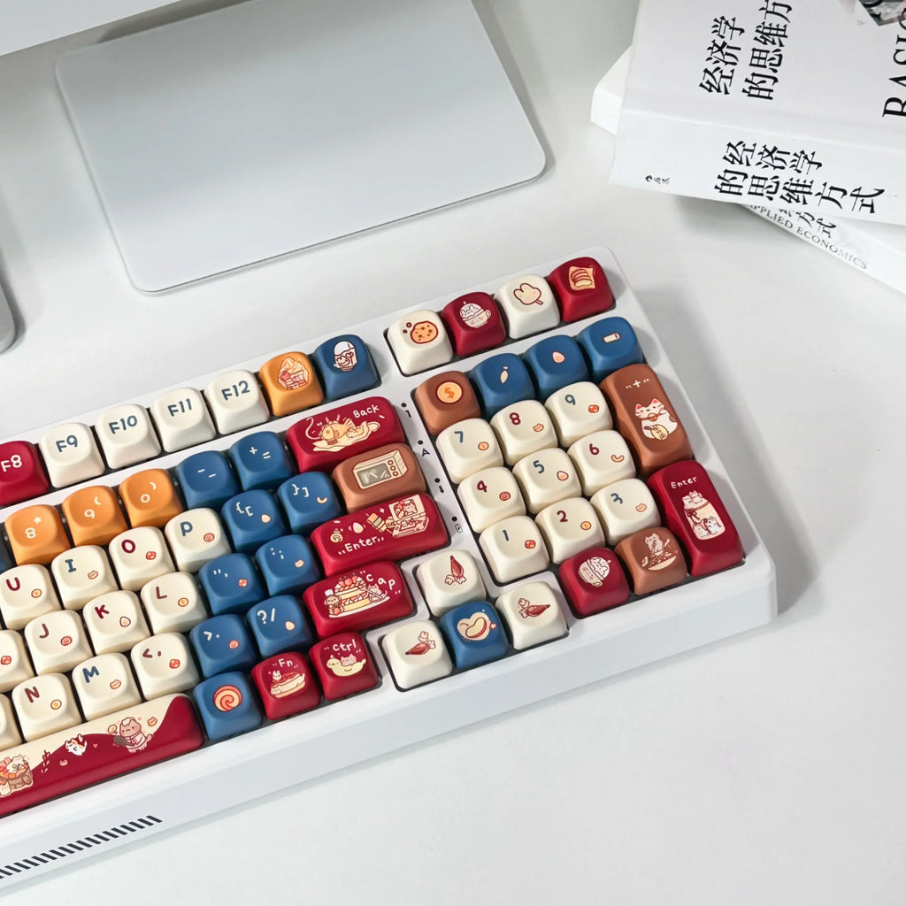 Meow Chef Keycap Set PBT Sublimation Cat Kitchen Cute Keycaps 131 Keys MOA Profile Red Blue Key Caps for DIY Mechanical Keyboard