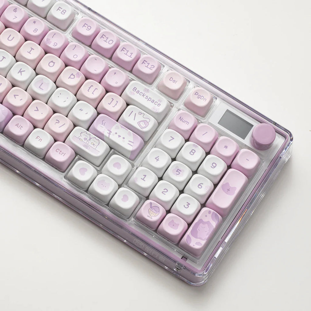 Cat Afternoon Tea Theme Purple Keycap 132 Keys MOA Height PBT Five-sided Sublimation Cute Keycaps for Mechanical Keyboard