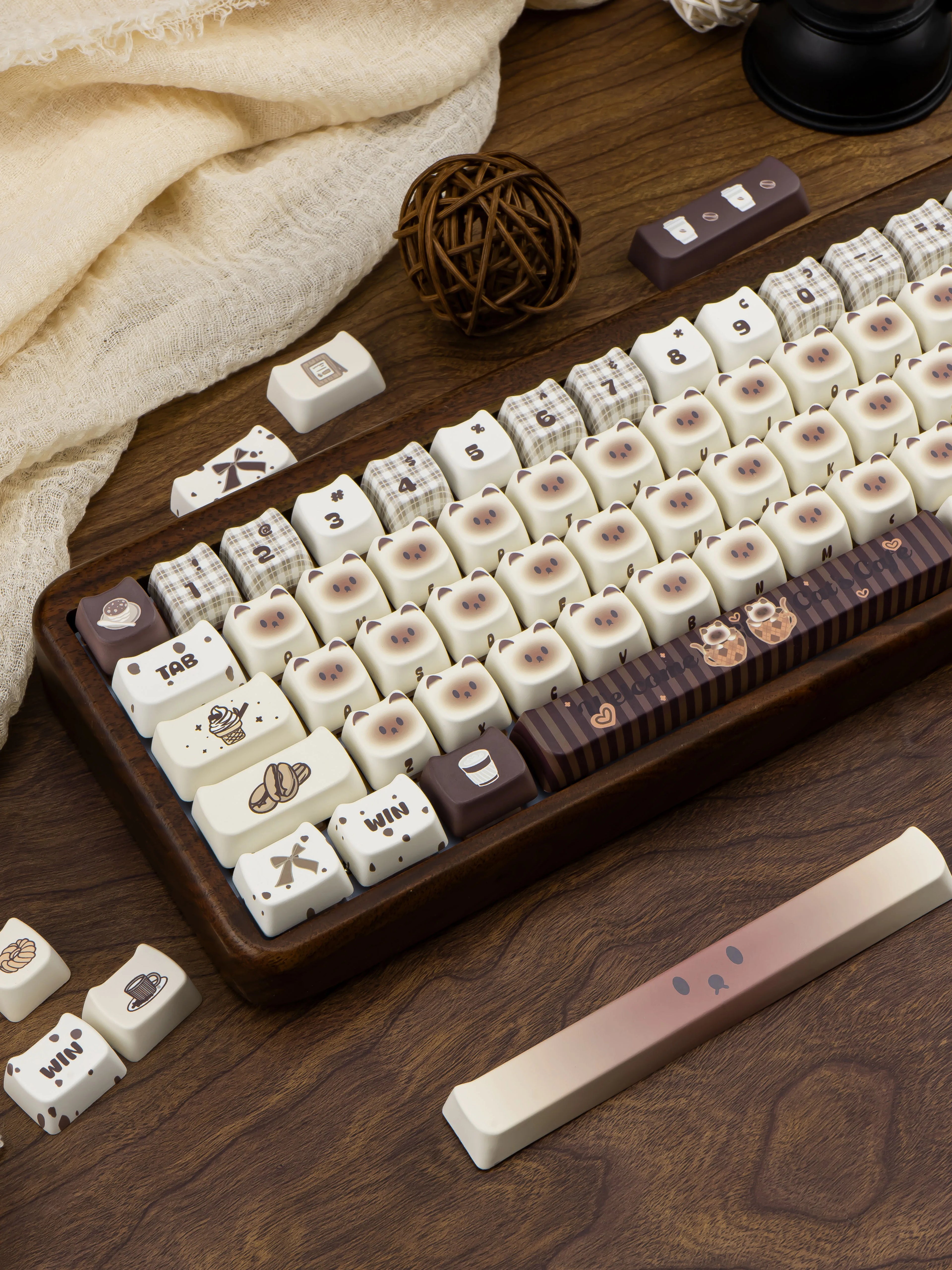 Siamese Cat Cafe Keycap Cherry MAO Profile Cute Cat Head PBT Keycaps Original White Brown Personalized Mechanical Keyboard Caps