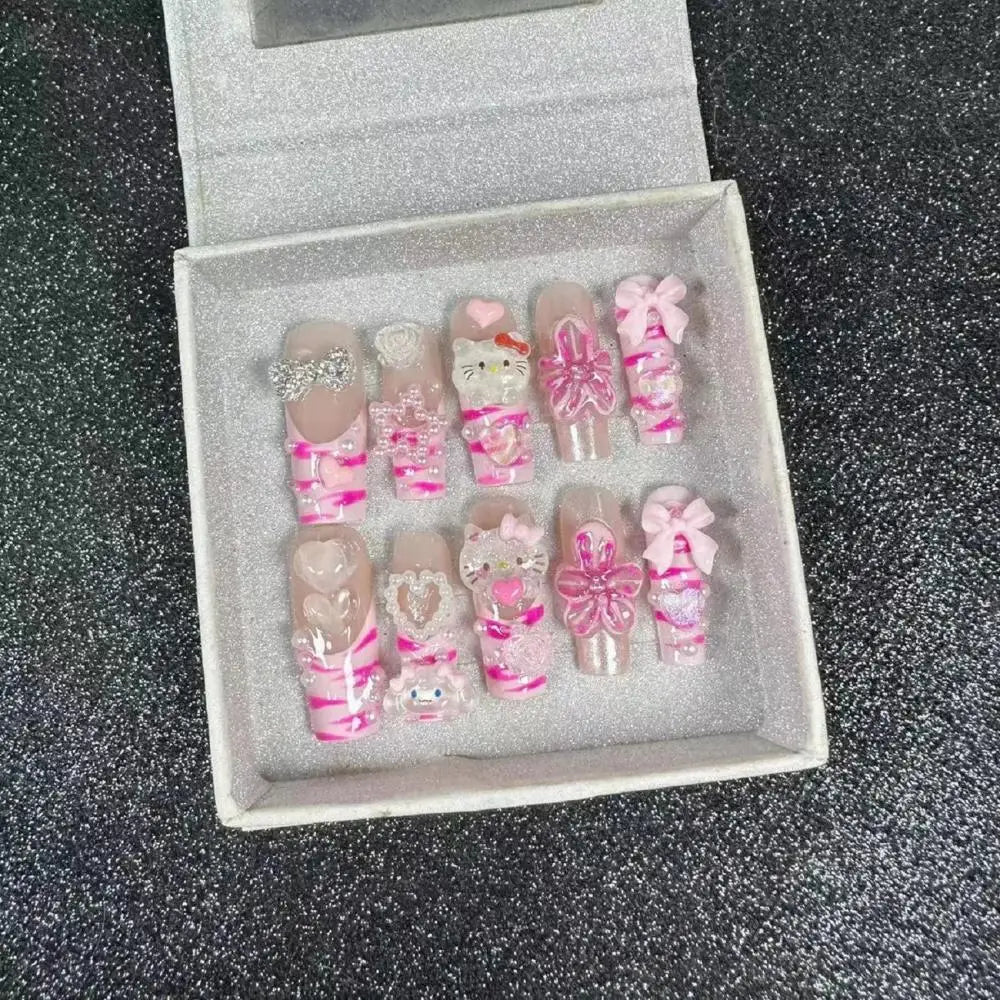 Cute 2024 Coffee Brown 3D Handmade Nail Art Sanrio Hello Kitty French Long Coffin Shape Star Kitty Full Coverage Removable Nails