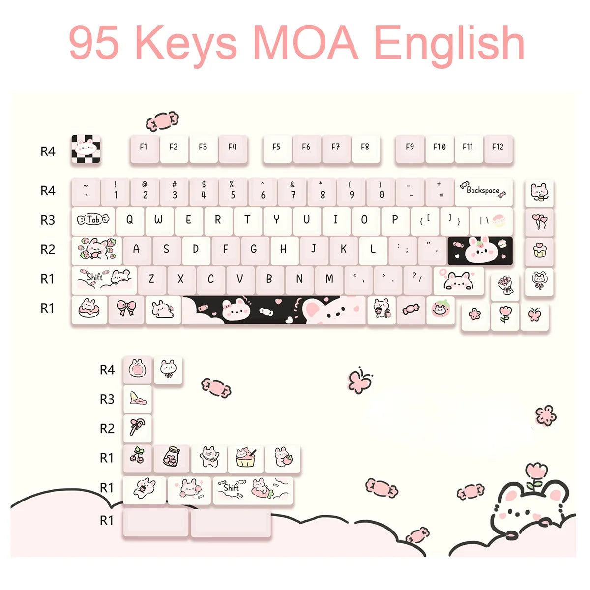 95Keys MOA Profile Keycaps PBT Five-sided Sublimation Cute Cartoon Key Caps for GMK67 GMK87 Gaming Mechanical Keyboard MX Switch