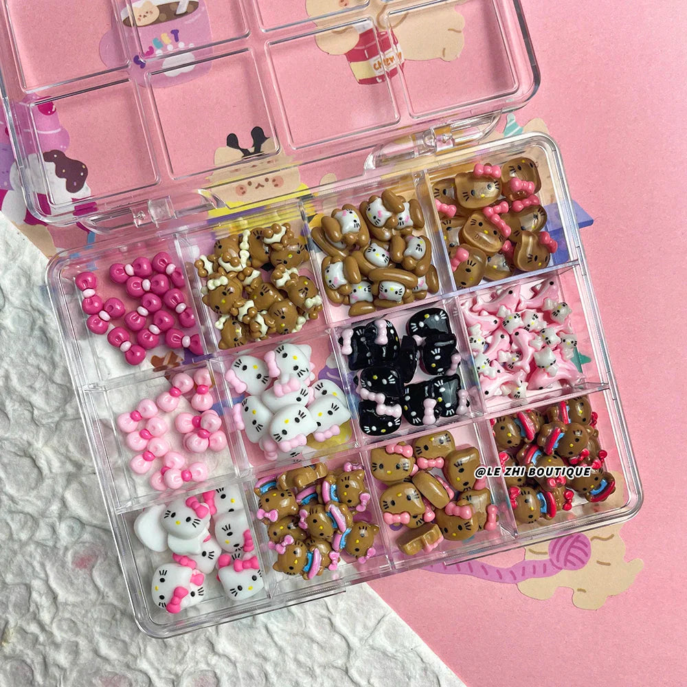 Boxed 120Pcs Kawaii Black Skin Sanrio Hello Kitty Nails Art Charms Accessories 3D Beach Bow Dolphin Resin Nails Decor Promotion