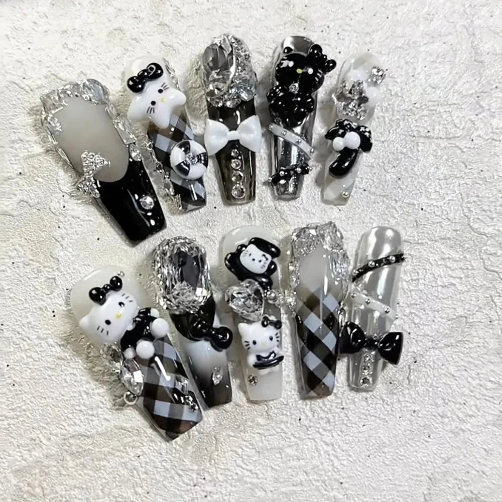 Cute Handmade Long Coffin Shape Fake Nail Kawaii Sanrio Hello Kitty Cinnamoroll Kuromi My Melody Detachable Nail Holiday Gift