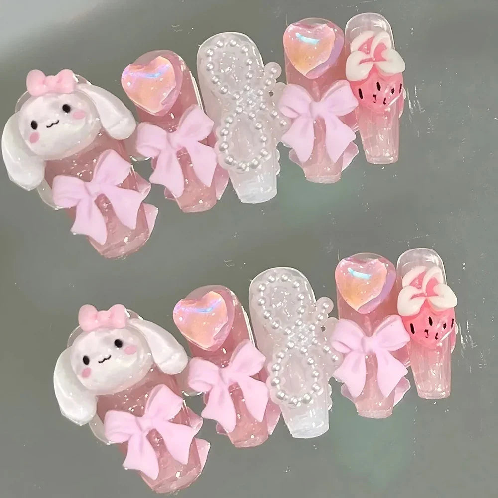Cute Handmade Long Coffin Shape Fake Nail Kawaii Sanrio Hello Kitty Cinnamoroll Kuromi My Melody Detachable Nail Holiday Gift