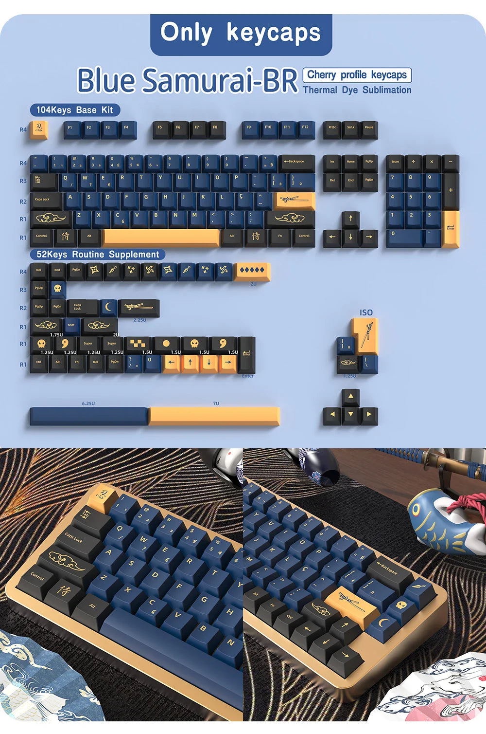 Blue Samurai Keycaps Japanese/Korean/Russian/German/Spanish/French PBT Keycap Cherry Profile for GMK Custom Mechanical Keyboard