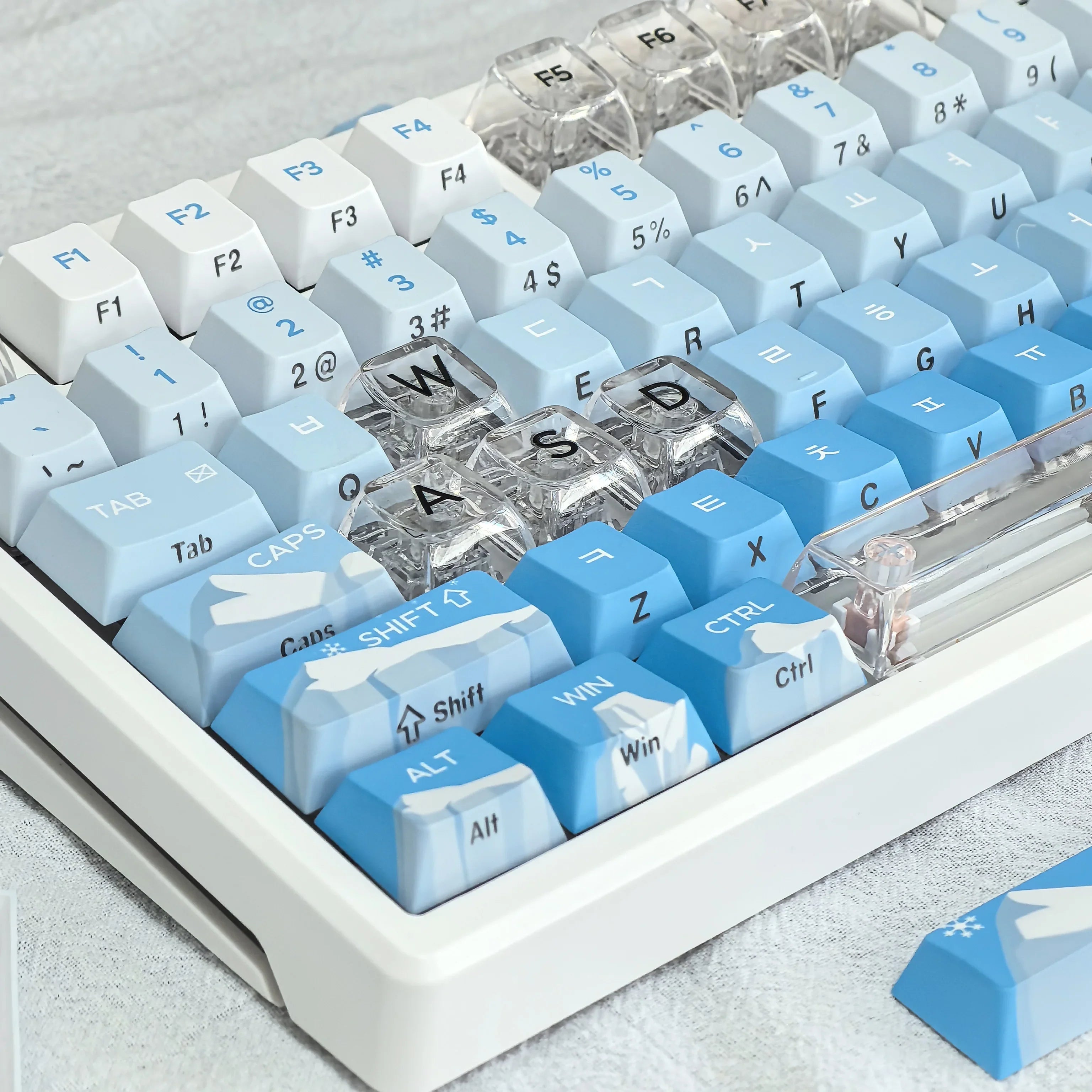 Korean Glacier Side-Engraved Translucent Keycaps OEM PBT Sublimation 122-Key DIY Fresh Gradient Blue White KR/korean Keycaps