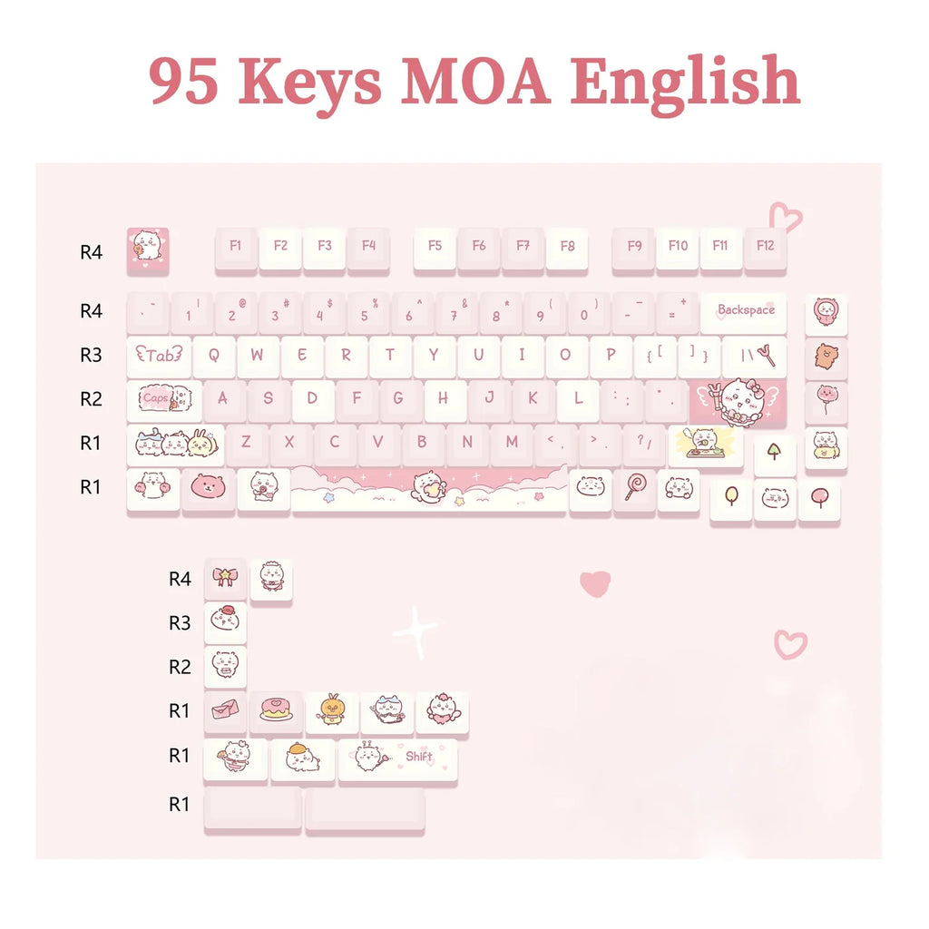 95 Keys artoon Cute Puppy Cat Kitty Keycaps GMK PBT Keycap MOA Profile Dye Sublimation For  DIY Mechanical Keyboard Girls Gift