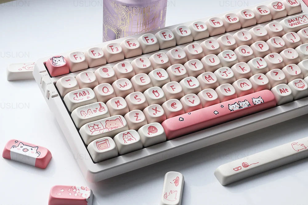 USLION 139Keys Keycaps Pink Meow Cat Theme MOA Profile PBT Kep Caps for 61/64/68/84/75/87/96/104 Keys Gaming Mechanical Keyborad