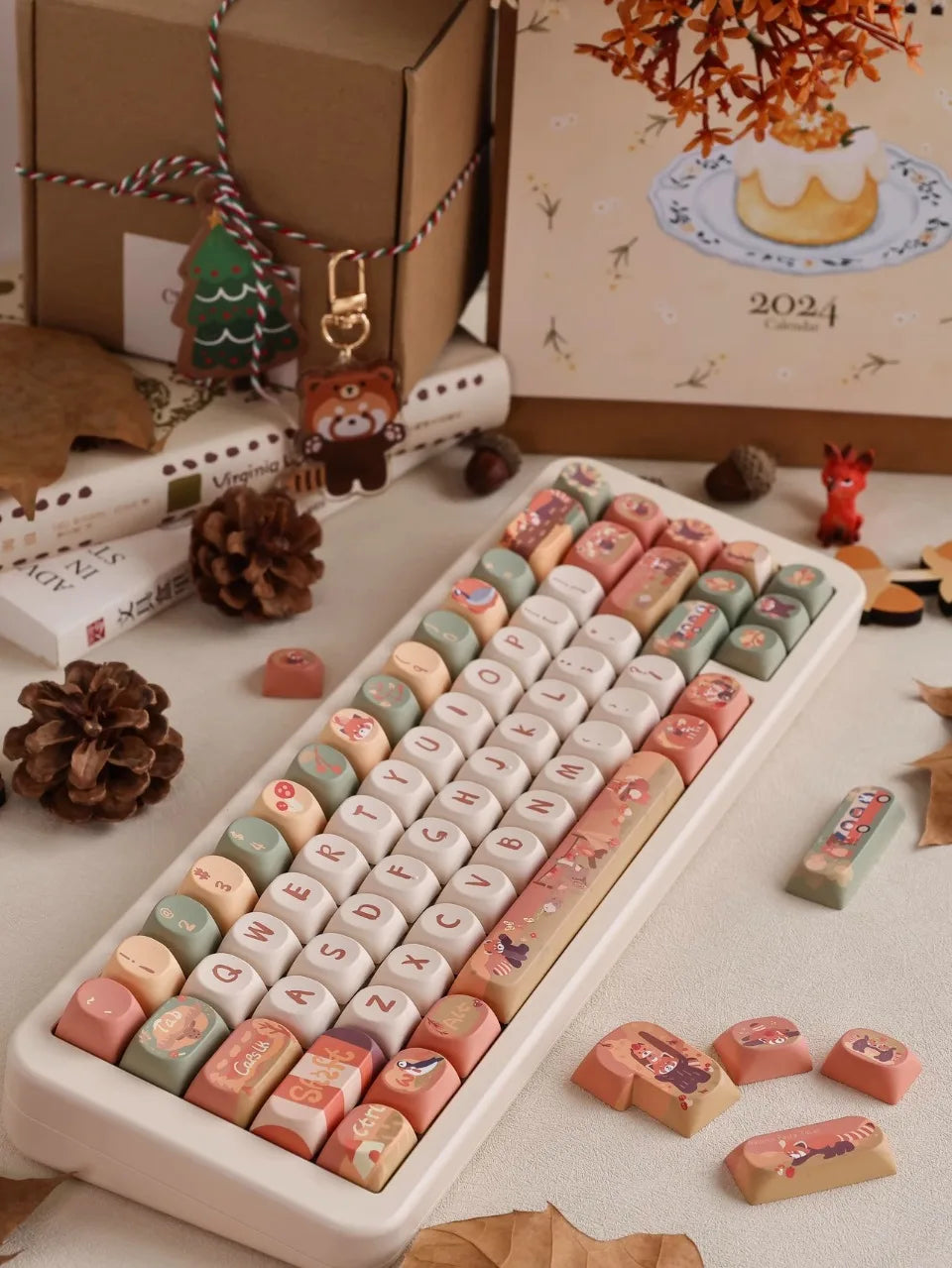 MiFuny Forest Cute Raccoon Mechanical Keycaps MAO Height with Slope 5 Side Heat Sublimation 111 Keys Accessories Not Keyboards