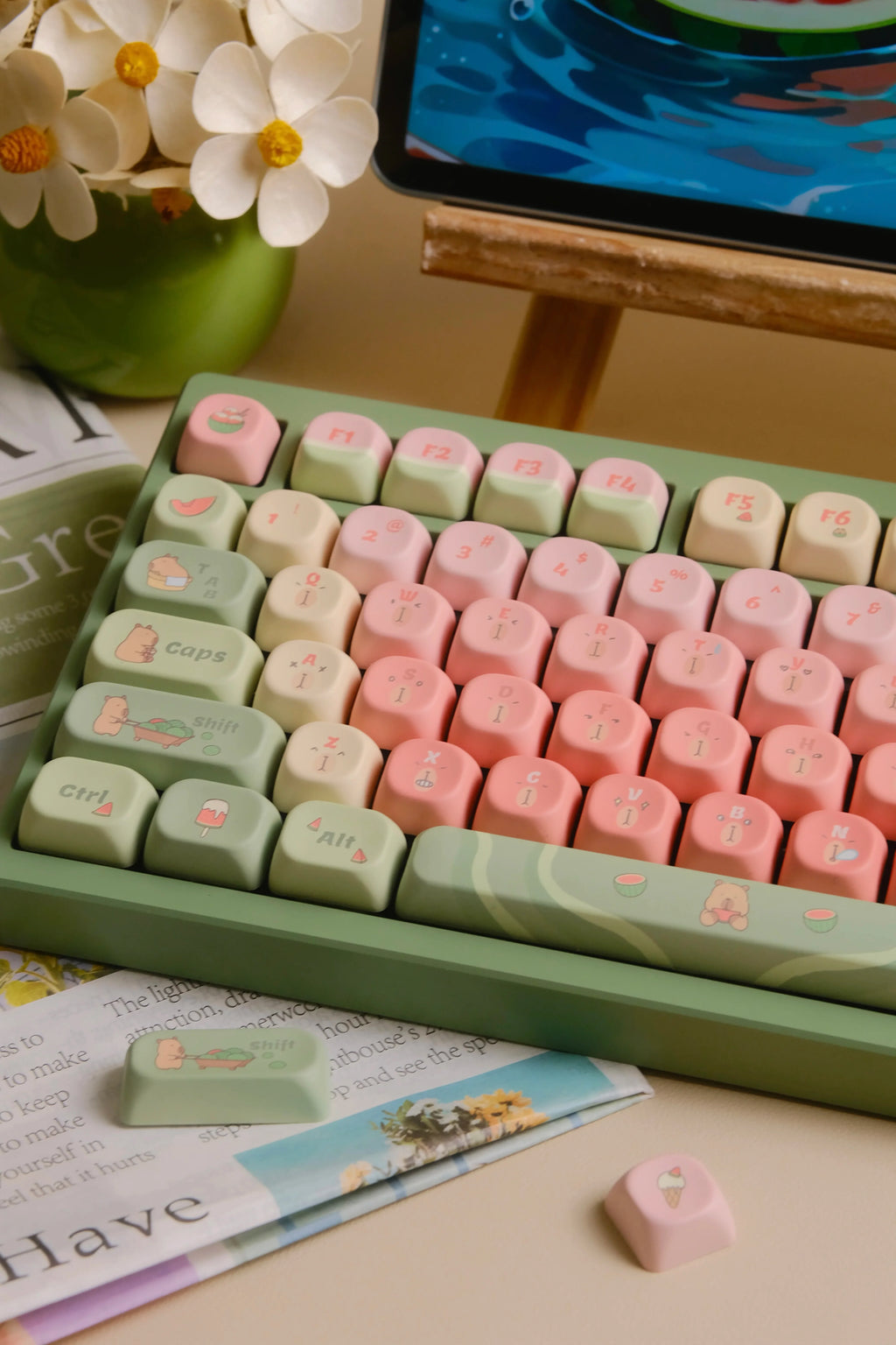 Capybara Watermelon MOA Profile Keycaps 131 Keys 5 Sides Dye Sub PBT Keycaps for Gateron Cherry MX Switches Mechanical Keyboards