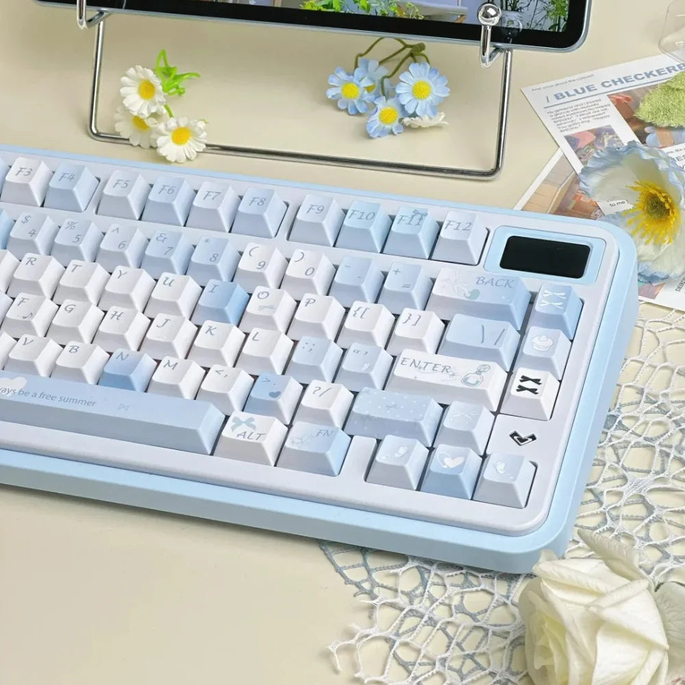 Blue Melody Keycap Set 132 Keys PBT Sublimation Cherry Profile Keycaps for DIY Mechanical Keyboard Small Fresh Summer Key Caps