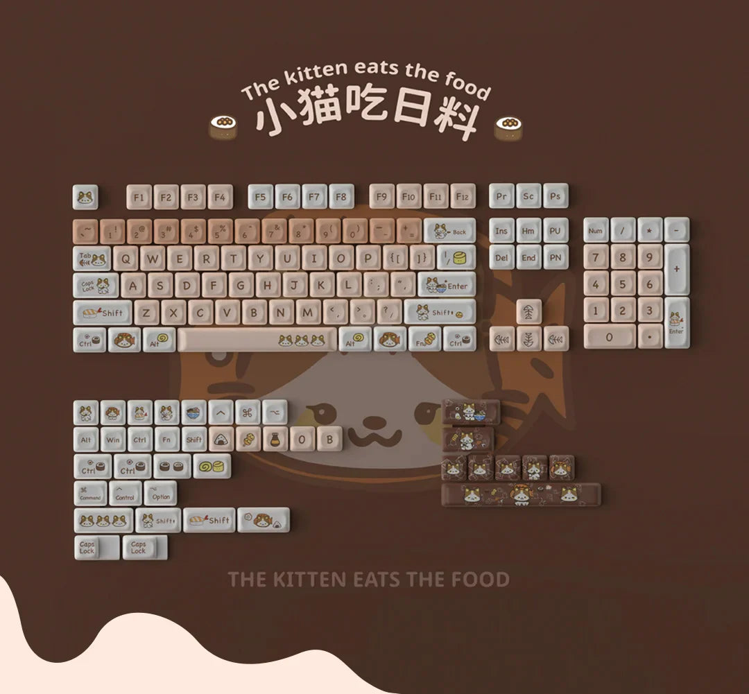 Cats Eat Japanese Food Keycaps Custom PBT MOA Profile Key Cap Cute Dye Sublimation Cartoon Anime Point Keycap Gaming Keyboard