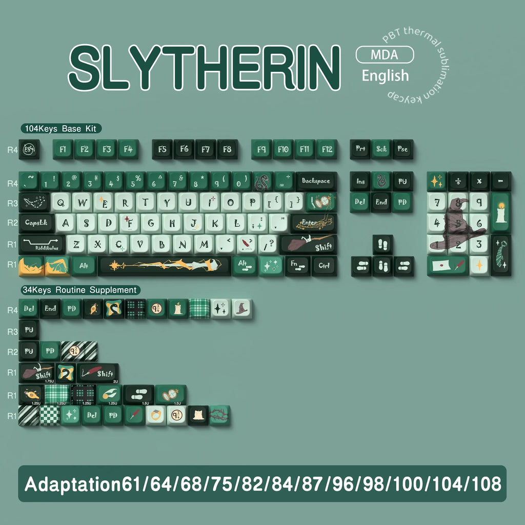 SLYTHERIN Theme Keycaps Cherry/MDA Profile Personalized Cartoon Keycap For Mechanical Keyboard with 7U and ISO key cap