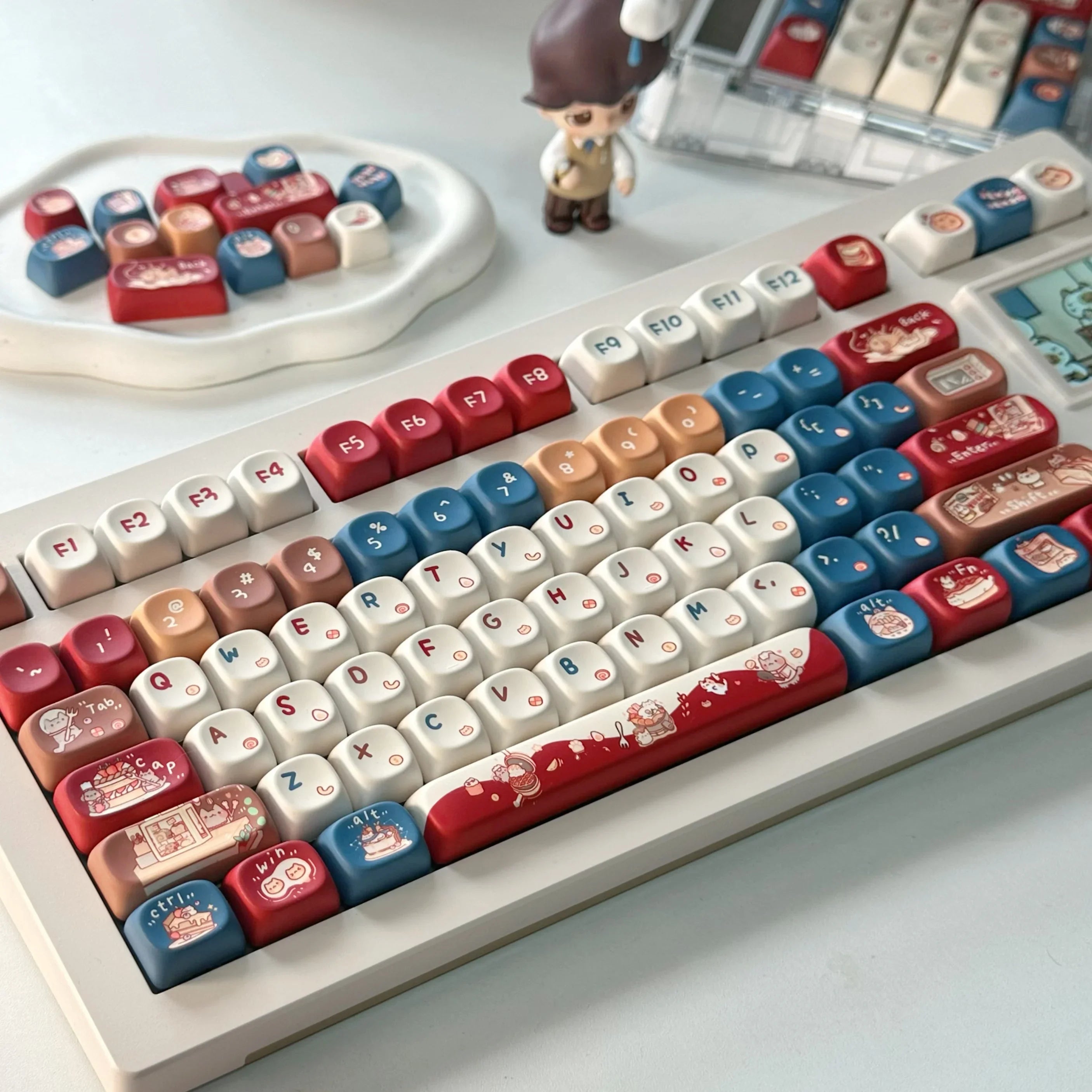Meow Chef Keycap Set PBT Sublimation Cat Kitchen Cute Keycaps 131 Keys MOA Profile Red Blue Key Caps for DIY Mechanical Keyboard