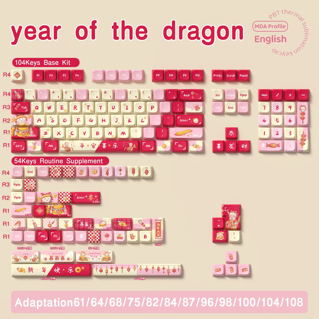 Lucky Dragon Year Theme Keycaps MDA Profile Personalized Keycap For Mechanical Keyboard with 7U and ISO key cap