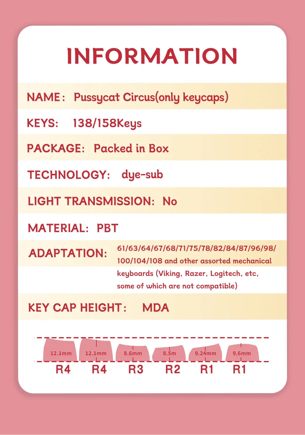 Pussycat Circus Themed Keycaps 120/138/158key Mda/Mca Profile Pbt Thermal Sublimation Mechanical Keyboard Cartoon Game Key Cap
