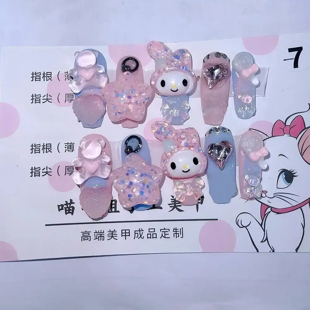 Cute Handmade Long Coffin Shape Fake Nail Kawaii Sanrio Hello Kitty Cinnamoroll Kuromi My Melody Detachable Nail Holiday Gift